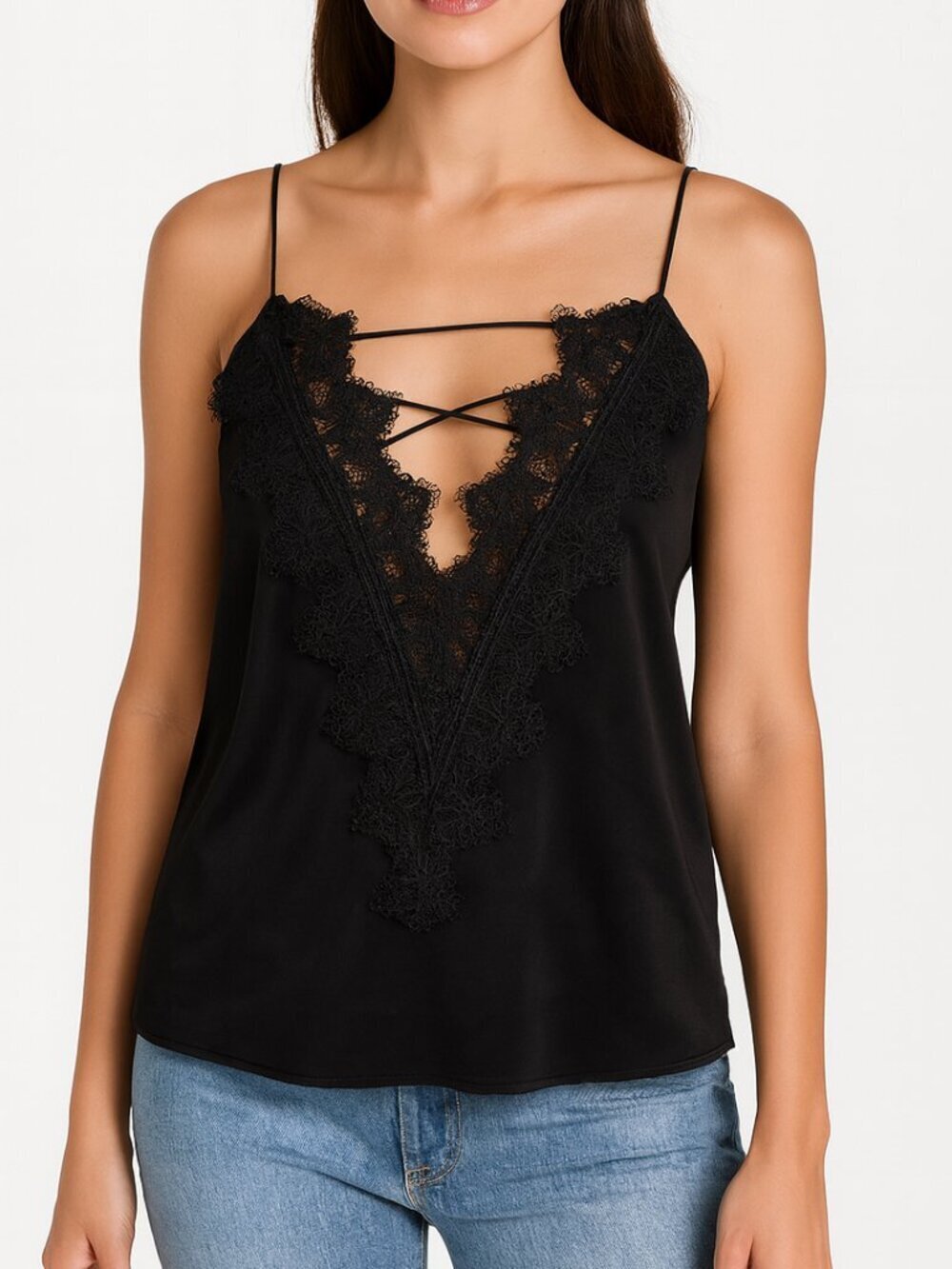 Haute Rogue Black Lace Camisole Deep V-Neck  Size Small